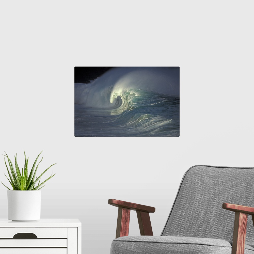 A modern room featuring Photograph of a wave curling and crashing as it nears shore with sea mist spraying behind it.