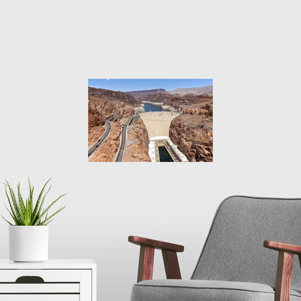 A modern room featuring View of Hoover Dam, Black Canyon, Colorado River, Nevada, USA.