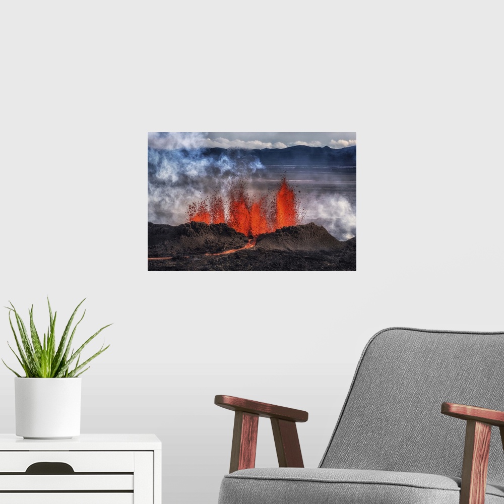 A modern room featuring Volcano Eruption at the Holuhraun Fissure near Bardarbunga Volcano, Iceland