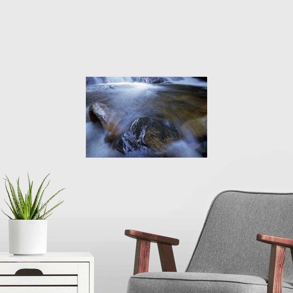 A modern room featuring Waterfalls over rocks, close-up, Maine