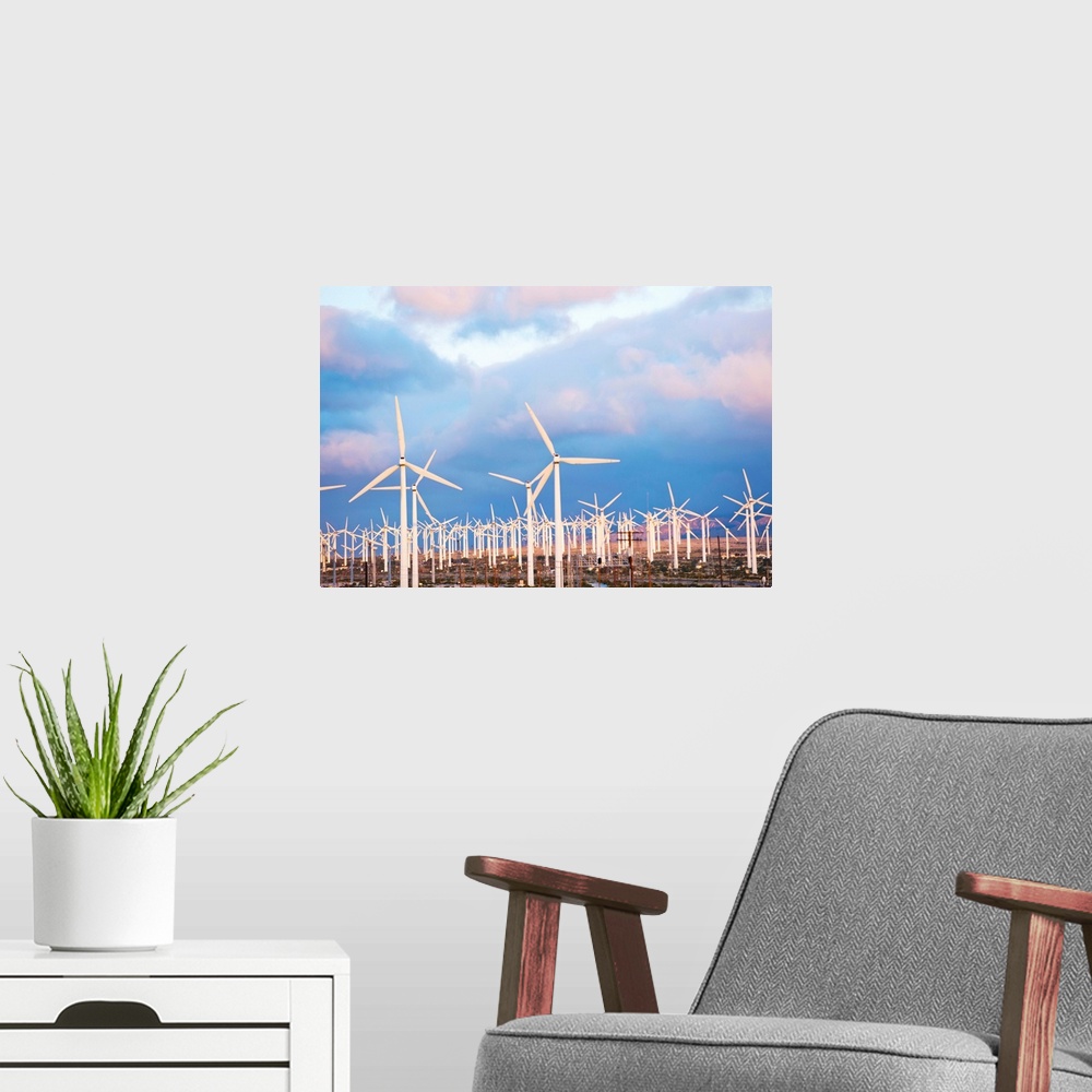 A modern room featuring Wind turbines under the cloudy sky, Palm Springs, Riverside County, California