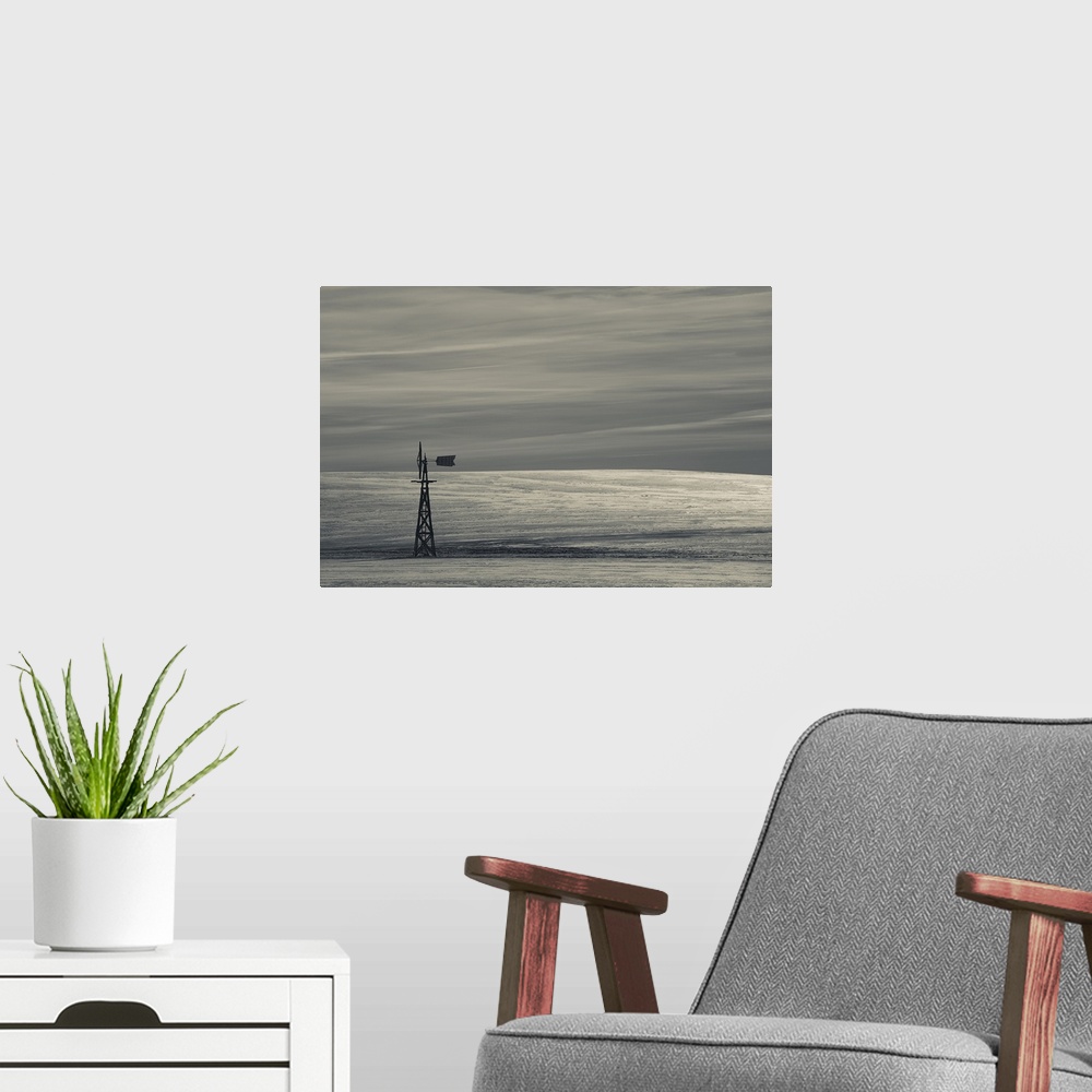A modern room featuring USA, Utah, Mt. Carmel Junction, field under snow with windmill, winter