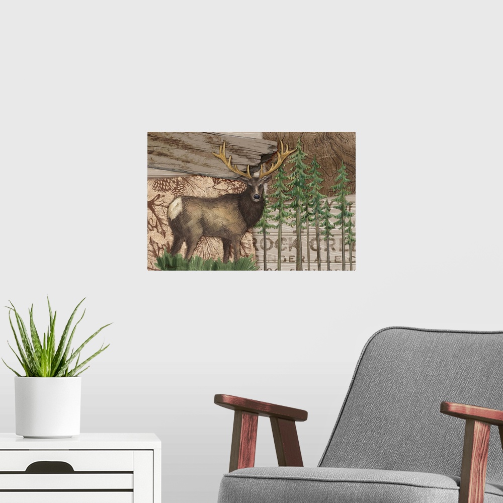 A modern room featuring Collage of woodland elements including an elk, trees, and a property sign.
