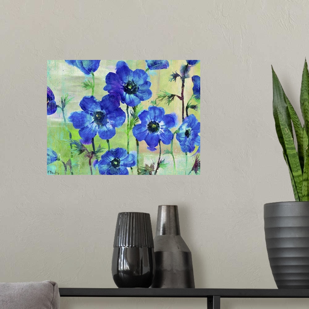 A modern room featuring Deep blue watercolor flowers.