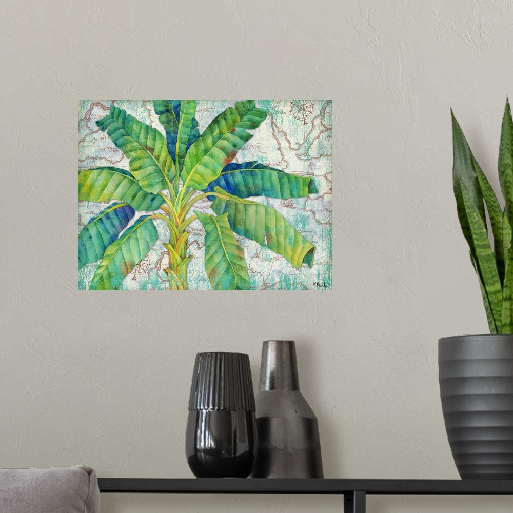 A modern room featuring Tropical decor with a painted palm tree in green and blue tones on an illustrated map background.