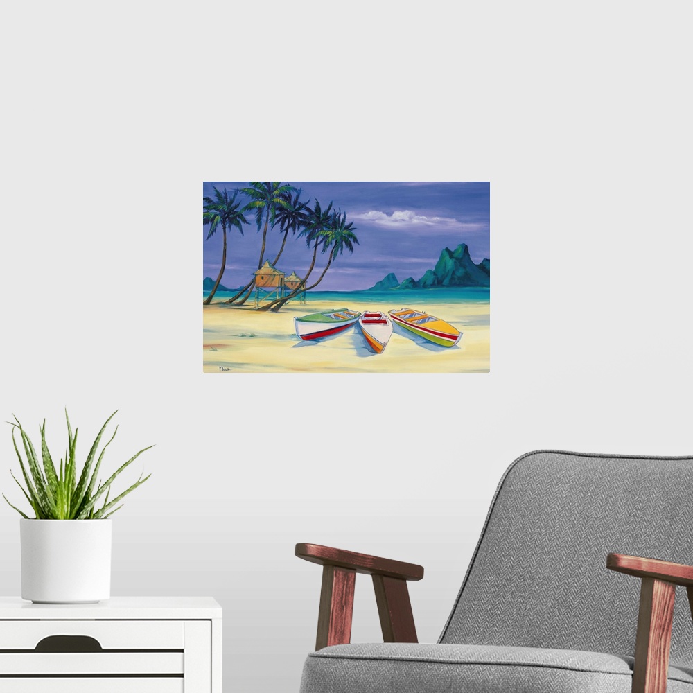 A modern room featuring Contemporary painting of boats and beach huts on a beach with several palm trees.