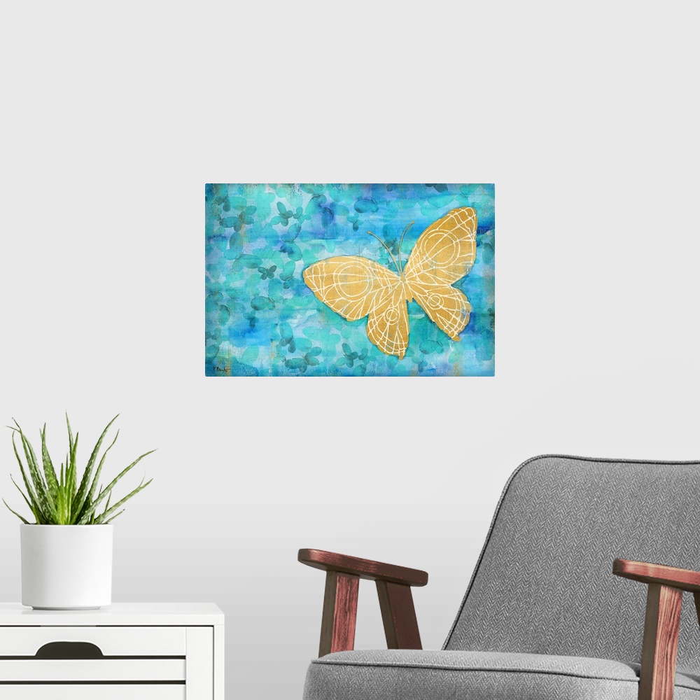 A modern room featuring Metallic gold butterfly on a blue background covered in smaller silhouetted butterflies.