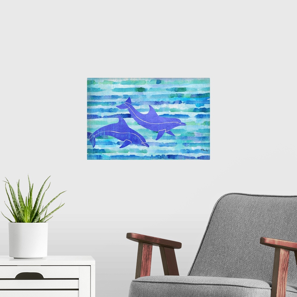 A modern room featuring Two dolphins swimming on a striped watercolor background made with shades of blue and green.