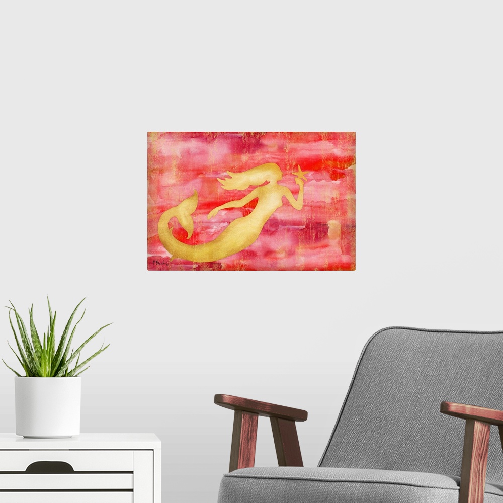 A modern room featuring Metallic gold silhouette of a mermaid holding a starfish on a pink watercolor background.