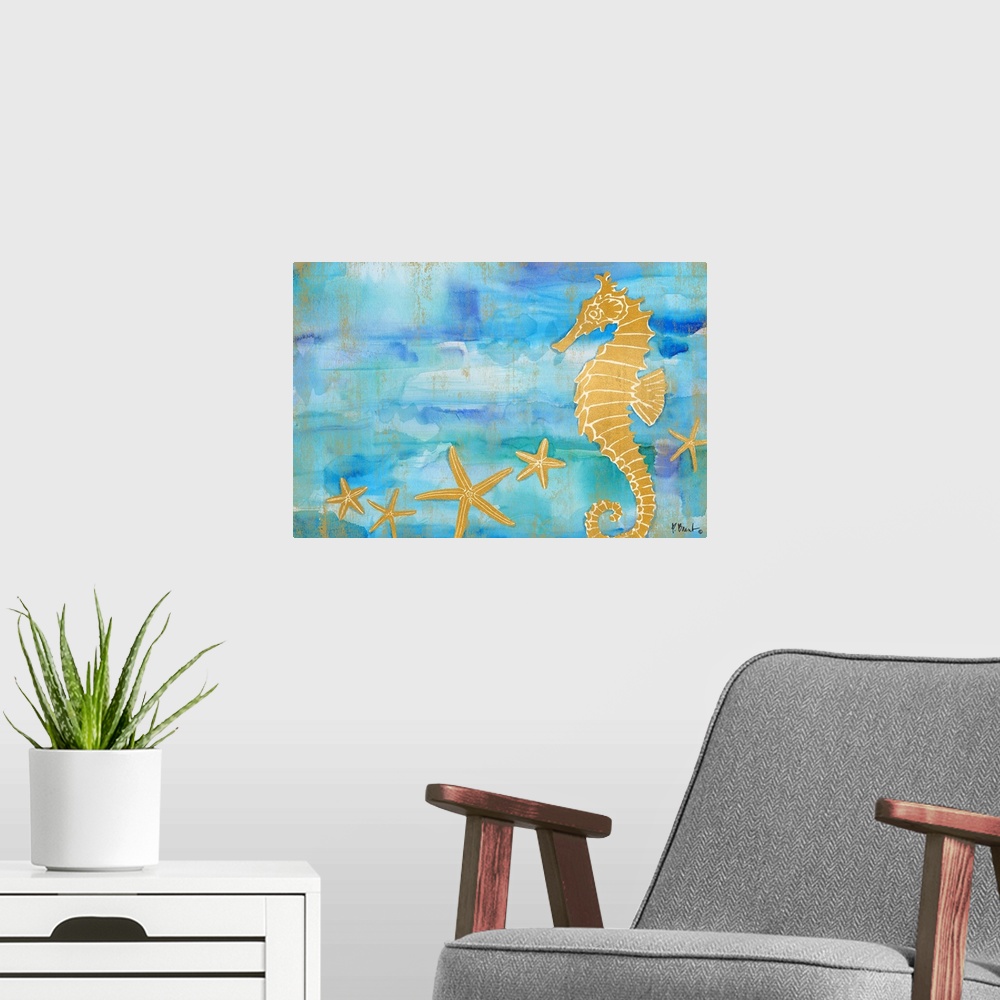 A modern room featuring Metallic gold seahorse and starfish on a blue and green watercolor background.