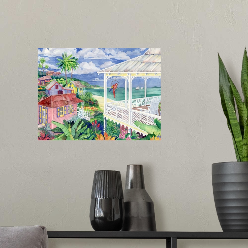 A modern room featuring Watercolor painting of a Caribbean resort town.