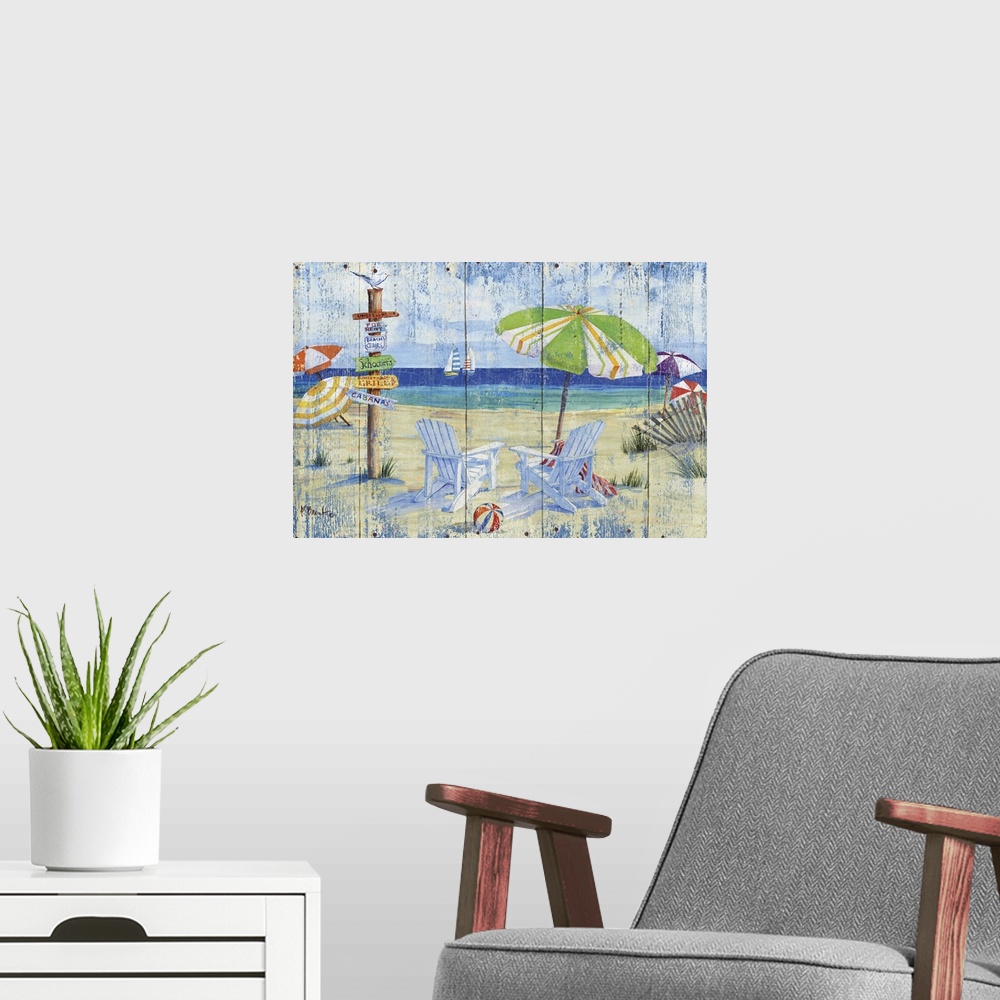 A modern room featuring Painting on wood panels of a beach scene with adirondack chairs, a beach umbrella, and signpost.