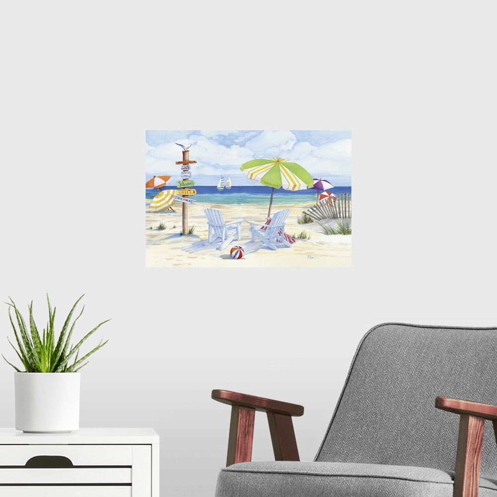 A modern room featuring Watercolor painting of a pair of adirondack chairs on a sandy beach with a signpost.