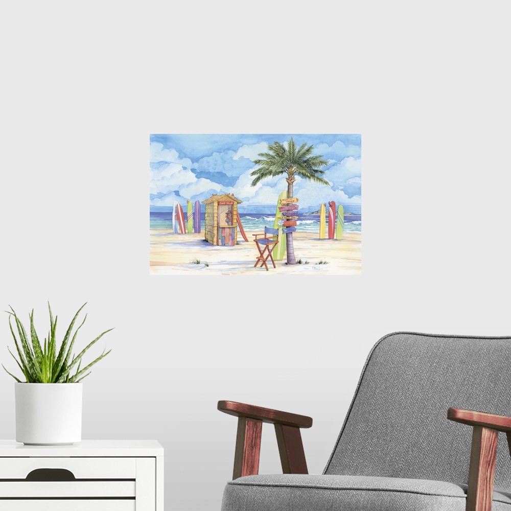 A modern room featuring Contemporary painting of a beach scene with many surfboards and a palm tree full of signs.