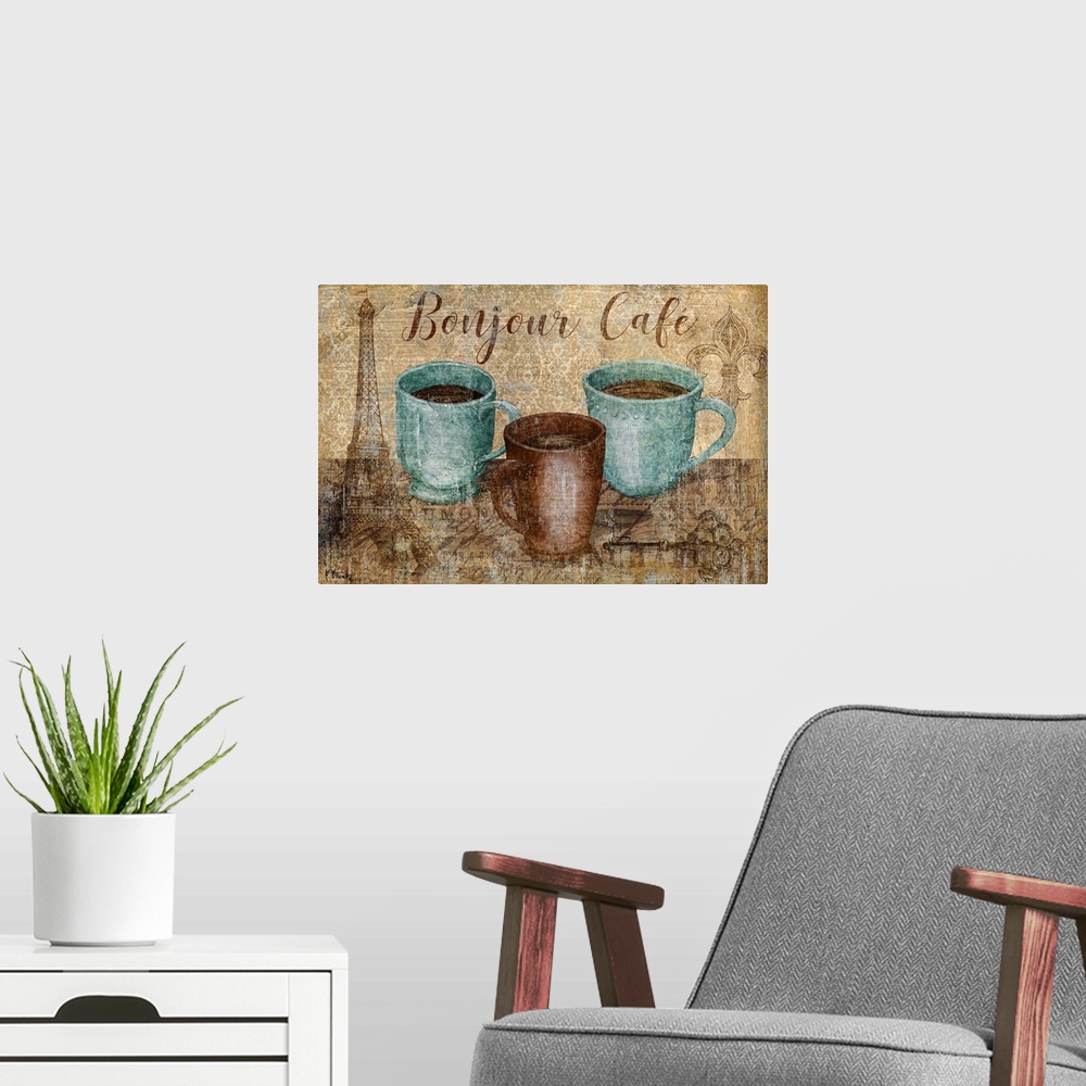 A modern room featuring Decorative artwork of three mugs of coffee with French themed designs.