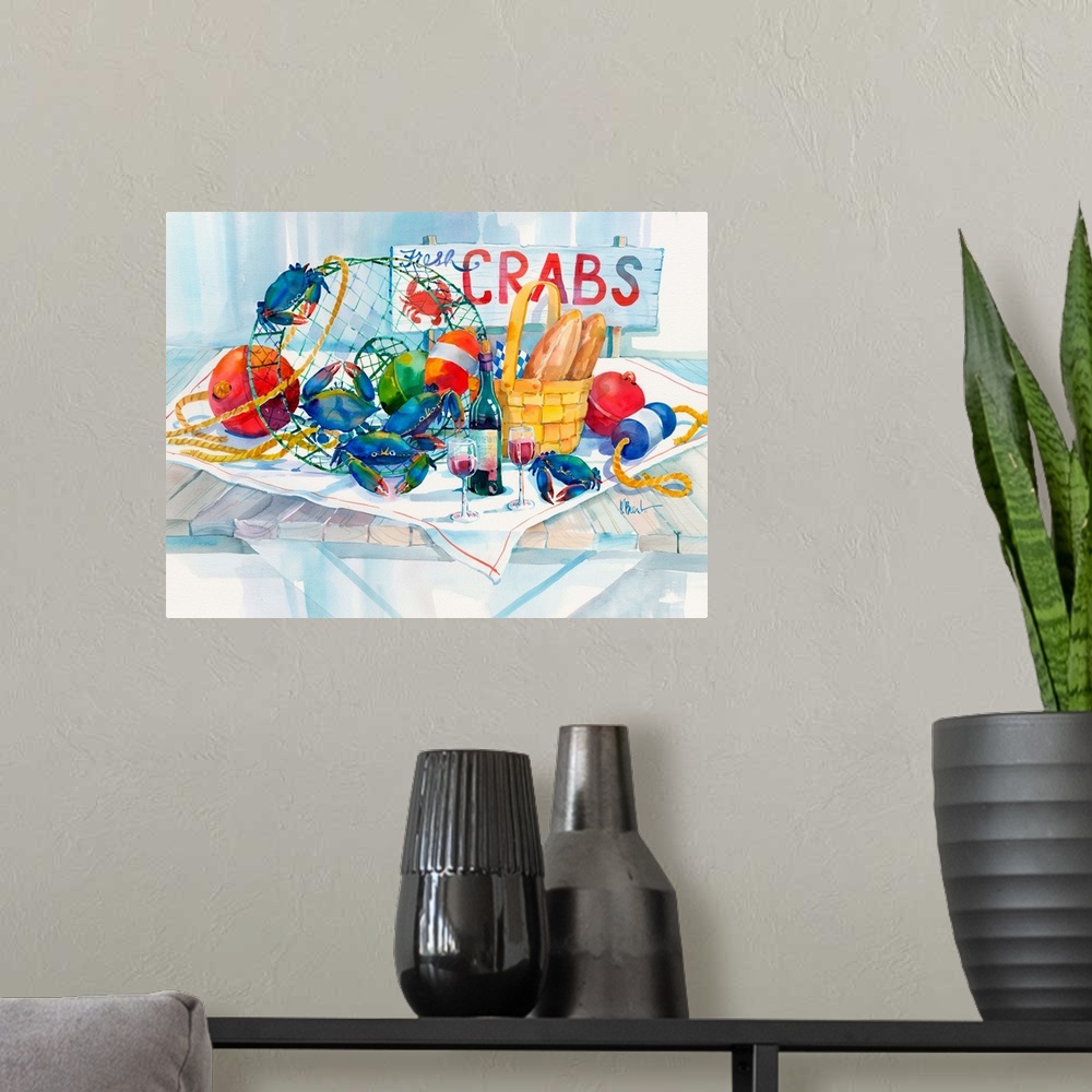 A modern room featuring Seafood still life arrangement of crabs, buoys, nets, bread, and wine.