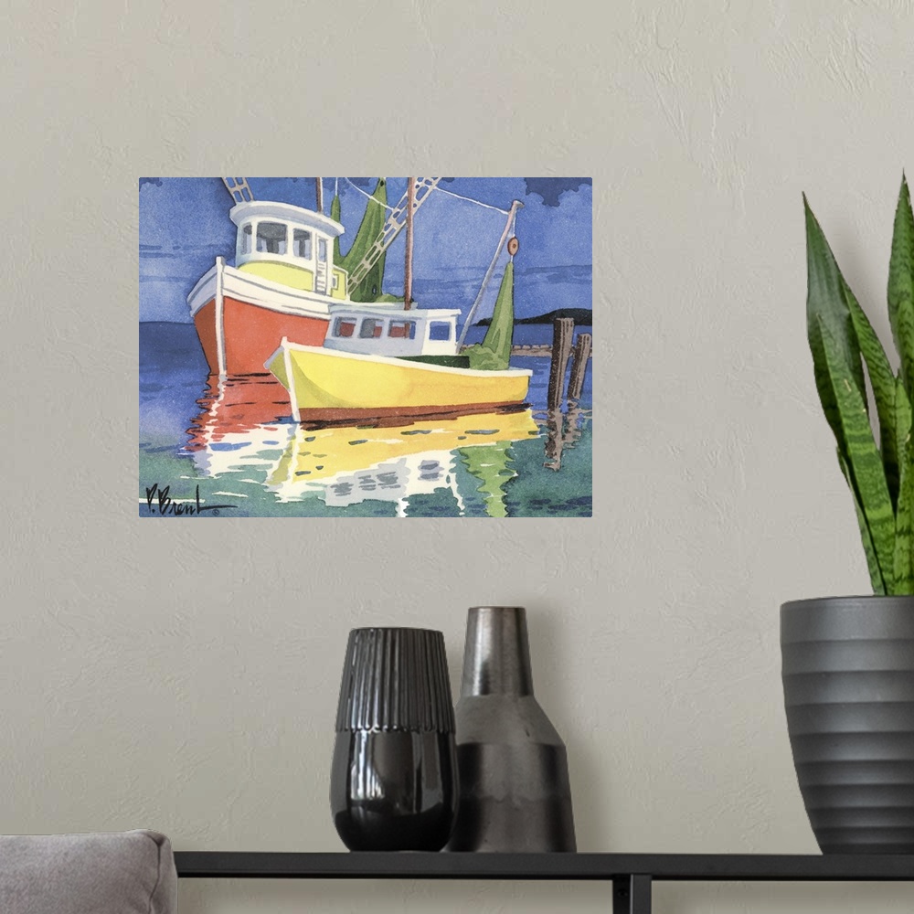 A modern room featuring Contemporary painting of two colorful fishing boats at a dock.