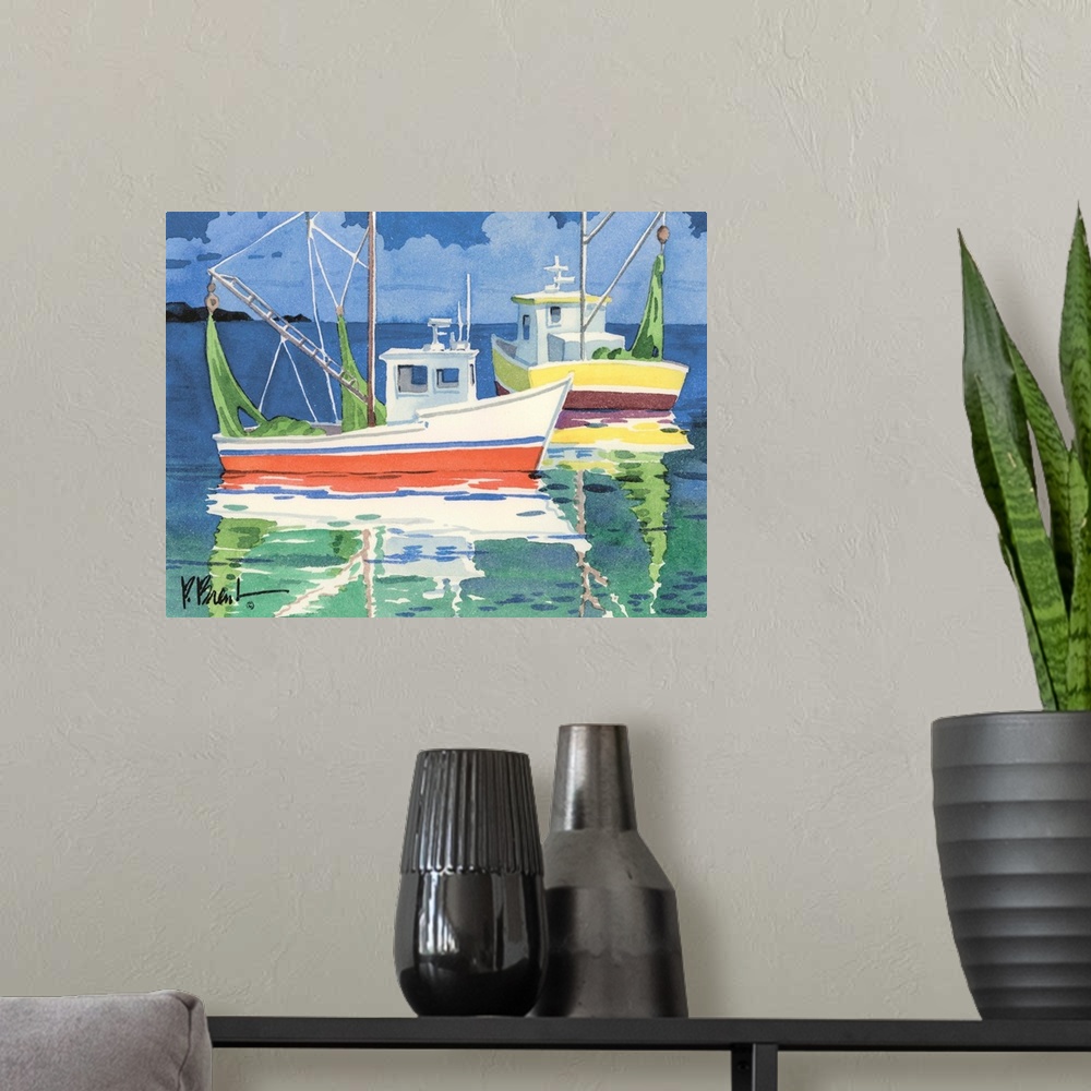 A modern room featuring Contemporary painting of two colorful fishing boats in the sea.