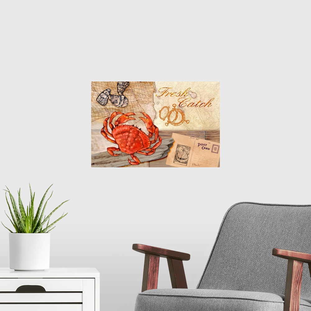 A modern room featuring A collection of marine elements on a faux driftwood background, including a crab, shells, and the...