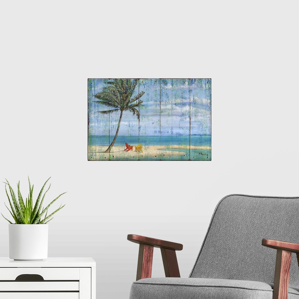A modern room featuring Large decor with a painted beach scene on a faux wood background.