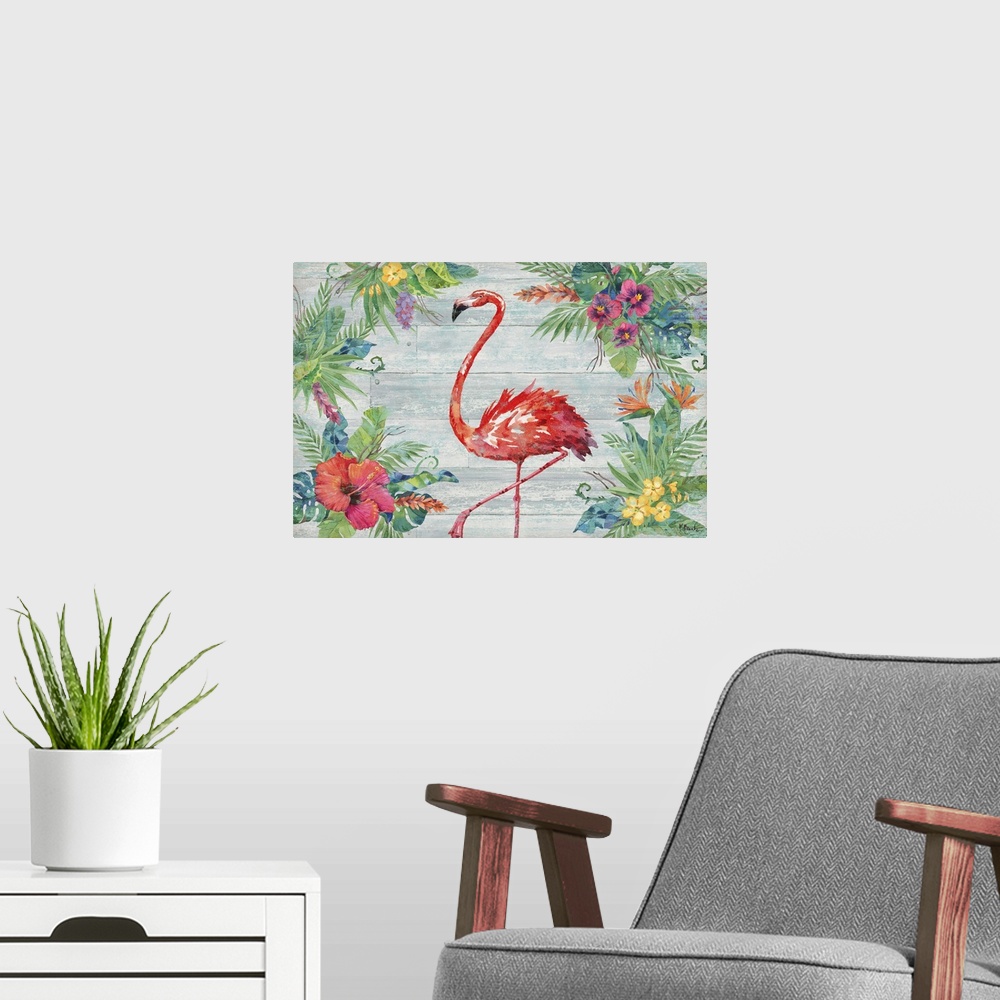 A modern room featuring Tropical decor with a painted pink flamingo in the center of a faux wood background surrounded by...