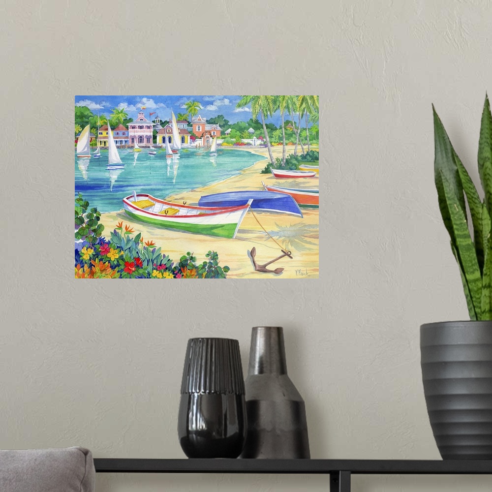 A modern room featuring Painting of several boats on the beach in a tropical harbor.