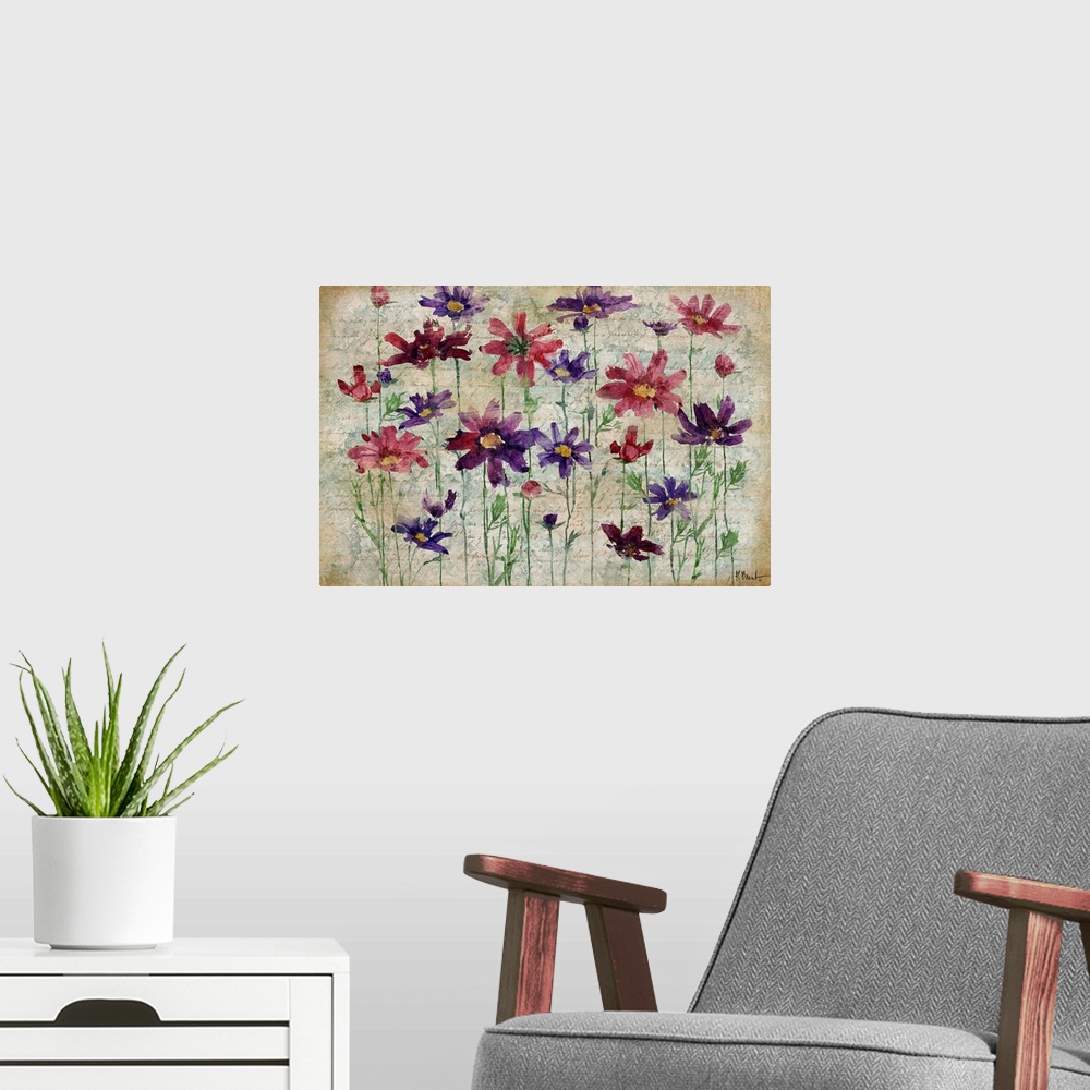 A modern room featuring Painting of daisies of varying colors on a textured background.