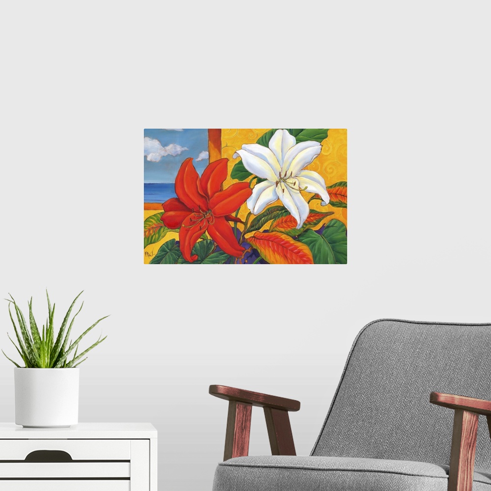 A modern room featuring Still life painting of an arrangement of lilies and leaves.