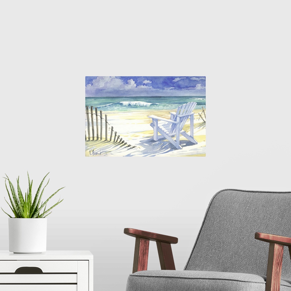 A modern room featuring Contemporary painting of an adirondack chair on a sandy beach with an old fence.