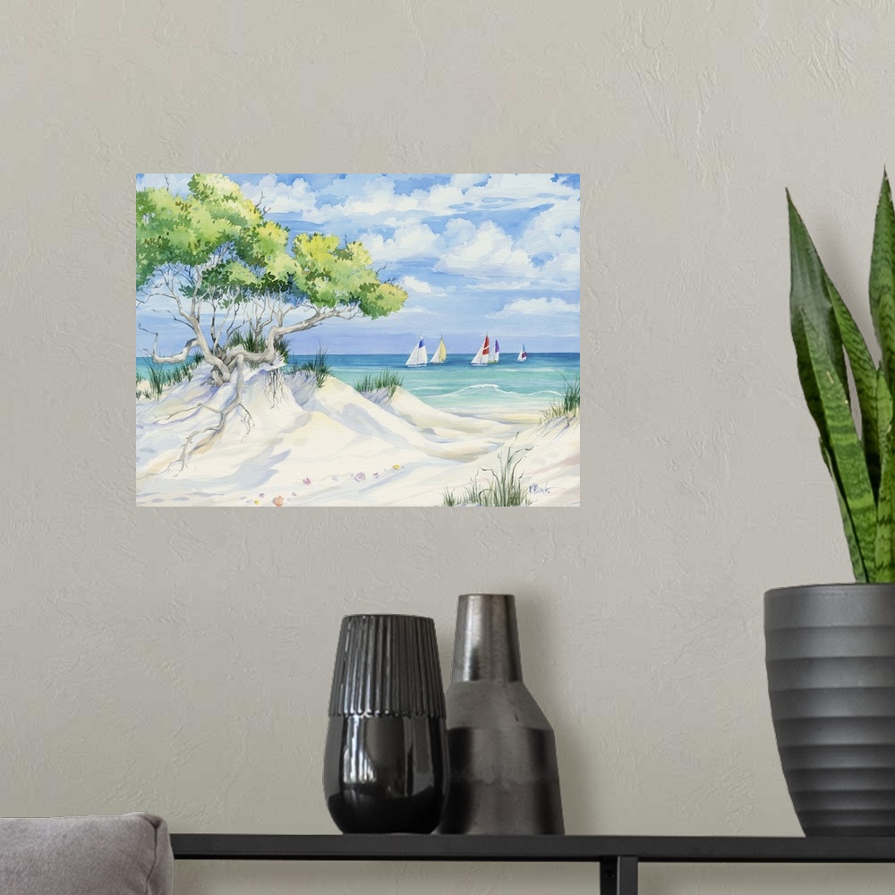 A modern room featuring Painting of a sandy beach with trees growing in the dunes.