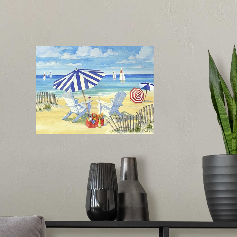 A modern room featuring Watercolor painting of a peaceful ocean scene with striped umbrellas and beach chairs in the sand.