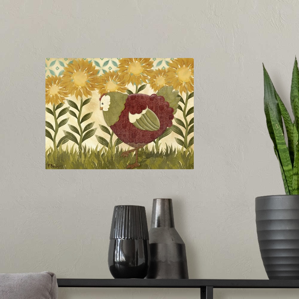 A modern room featuring Folk art style illustration of a hen with a row of sunflowers.