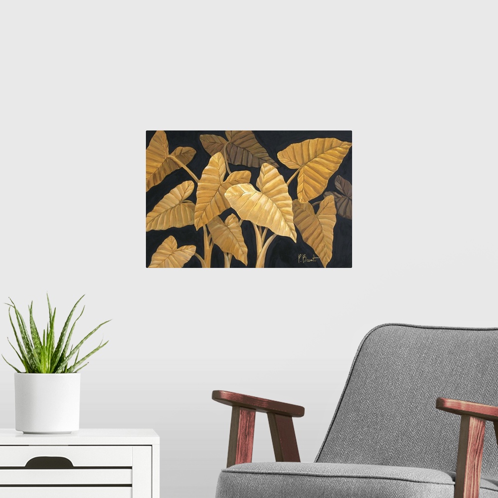 A modern room featuring Contemporary painting of several tropical fronds in sepia tones.