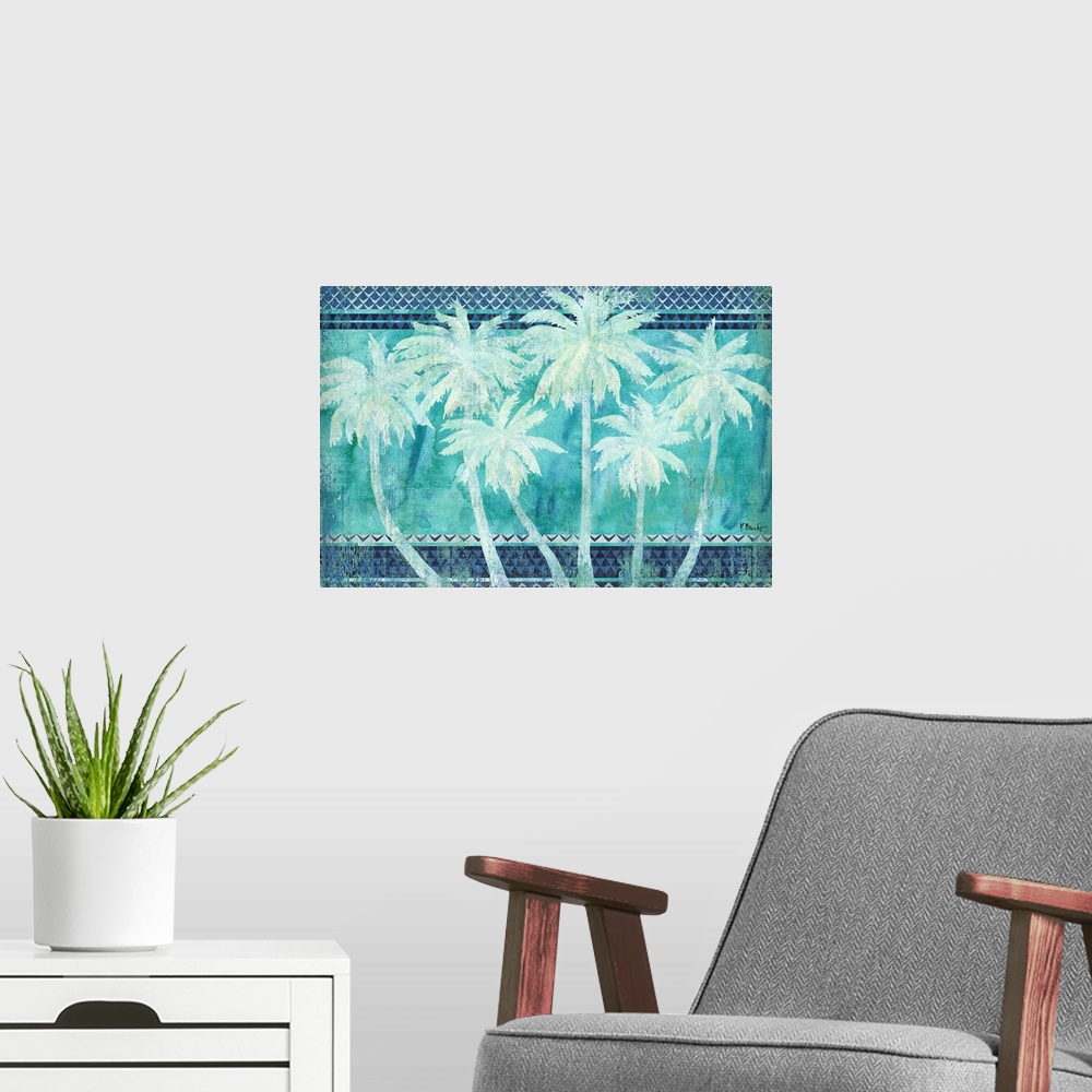 A modern room featuring Silhouetted palm trees on a patterned background made with shades of blue.