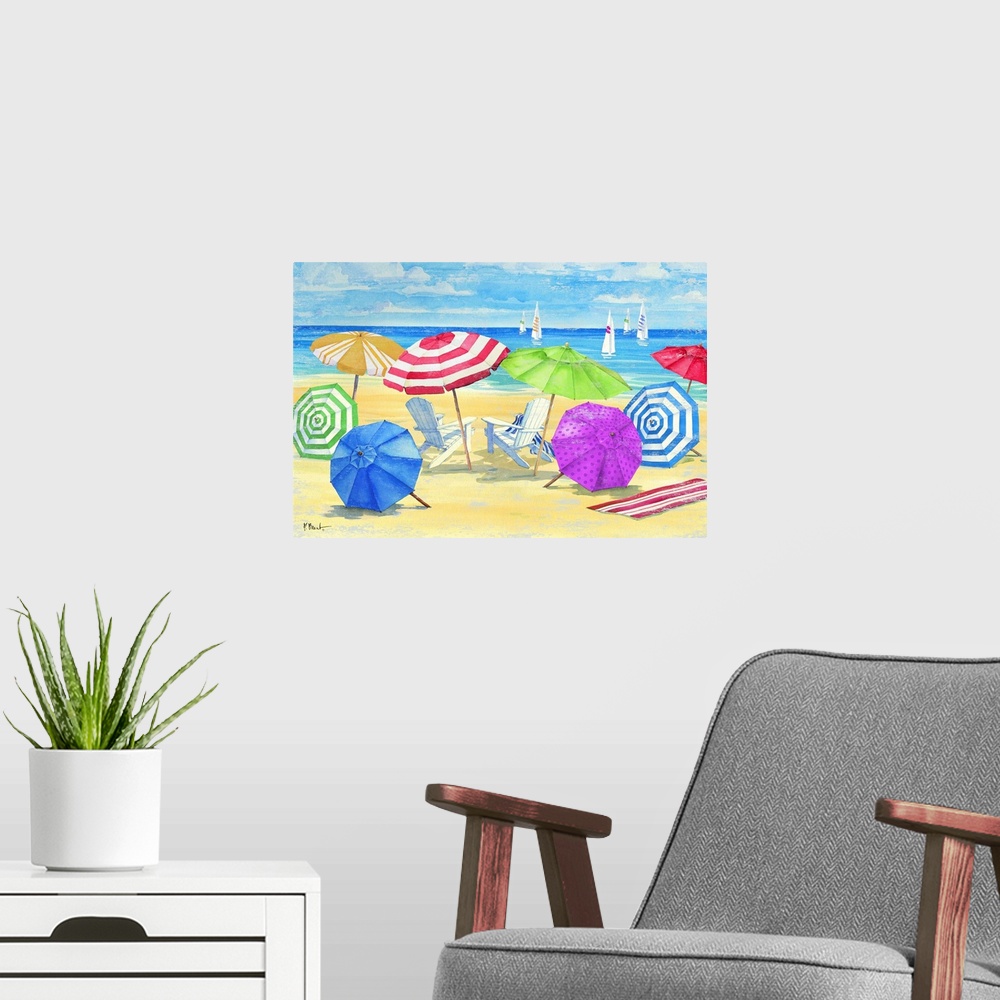 A modern room featuring Large painting of a relaxing beach scene with beach chairs, umbrellas, and towels set up in the s...