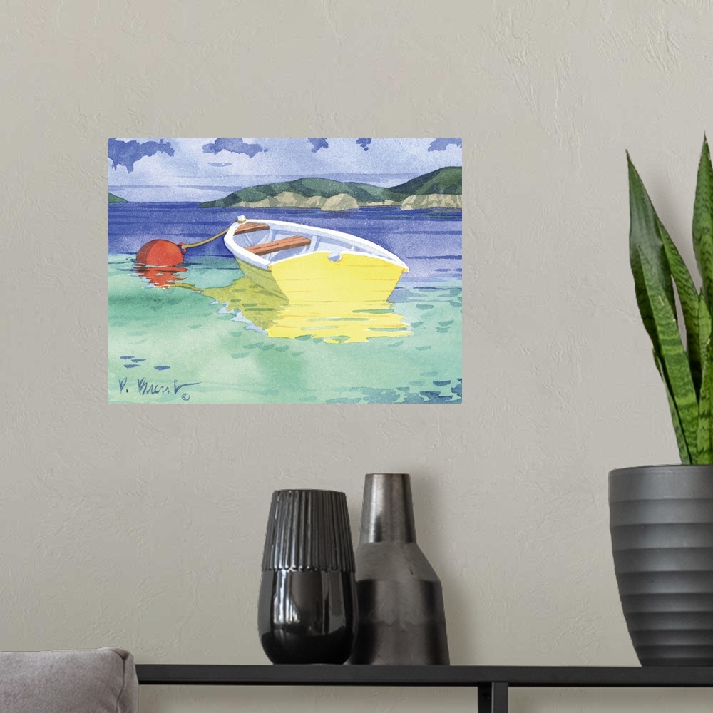 A modern room featuring Contemporary painting of a single yellow rowboat tied to a buoy in the water.
