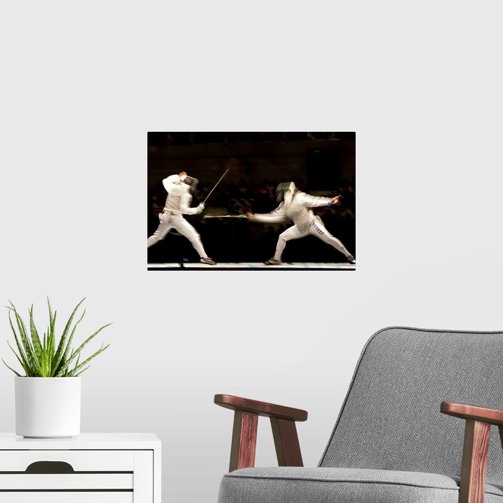 A modern room featuring Blurred action of women's fencing competition at the 2008 Olympic Summer Games, Beijing, China