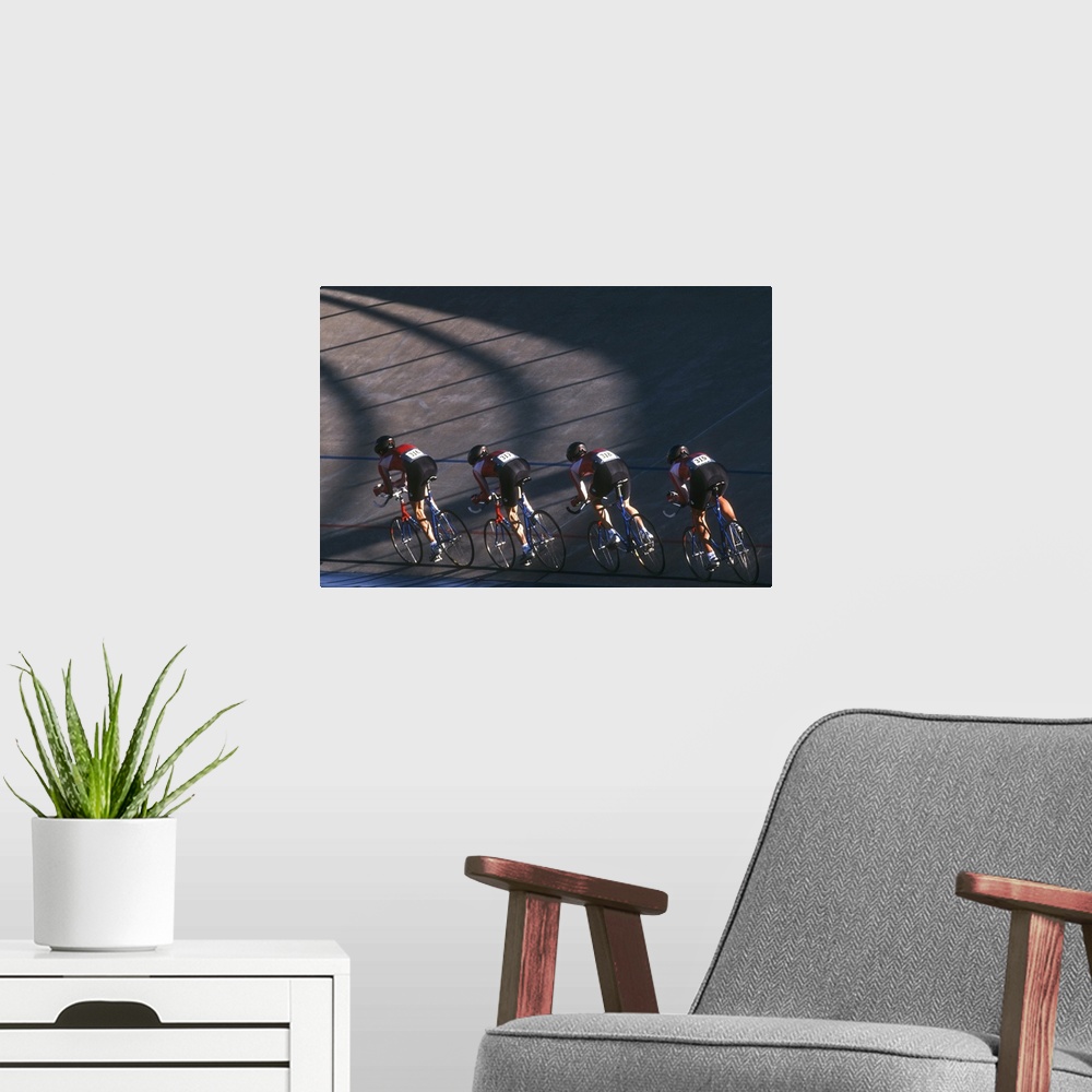 A modern room featuring Male cycling team on the velodrome
