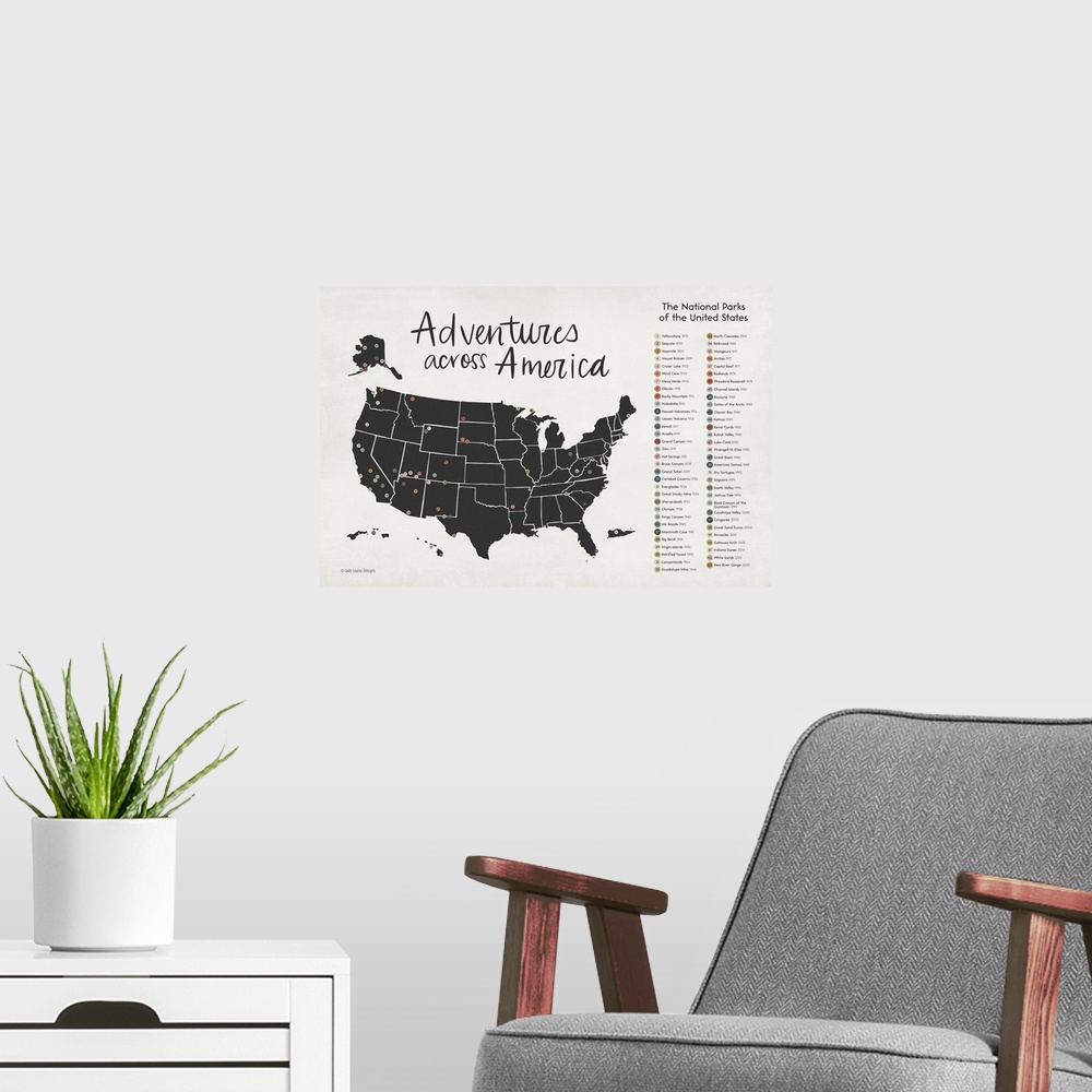 A modern room featuring Adventures Across America