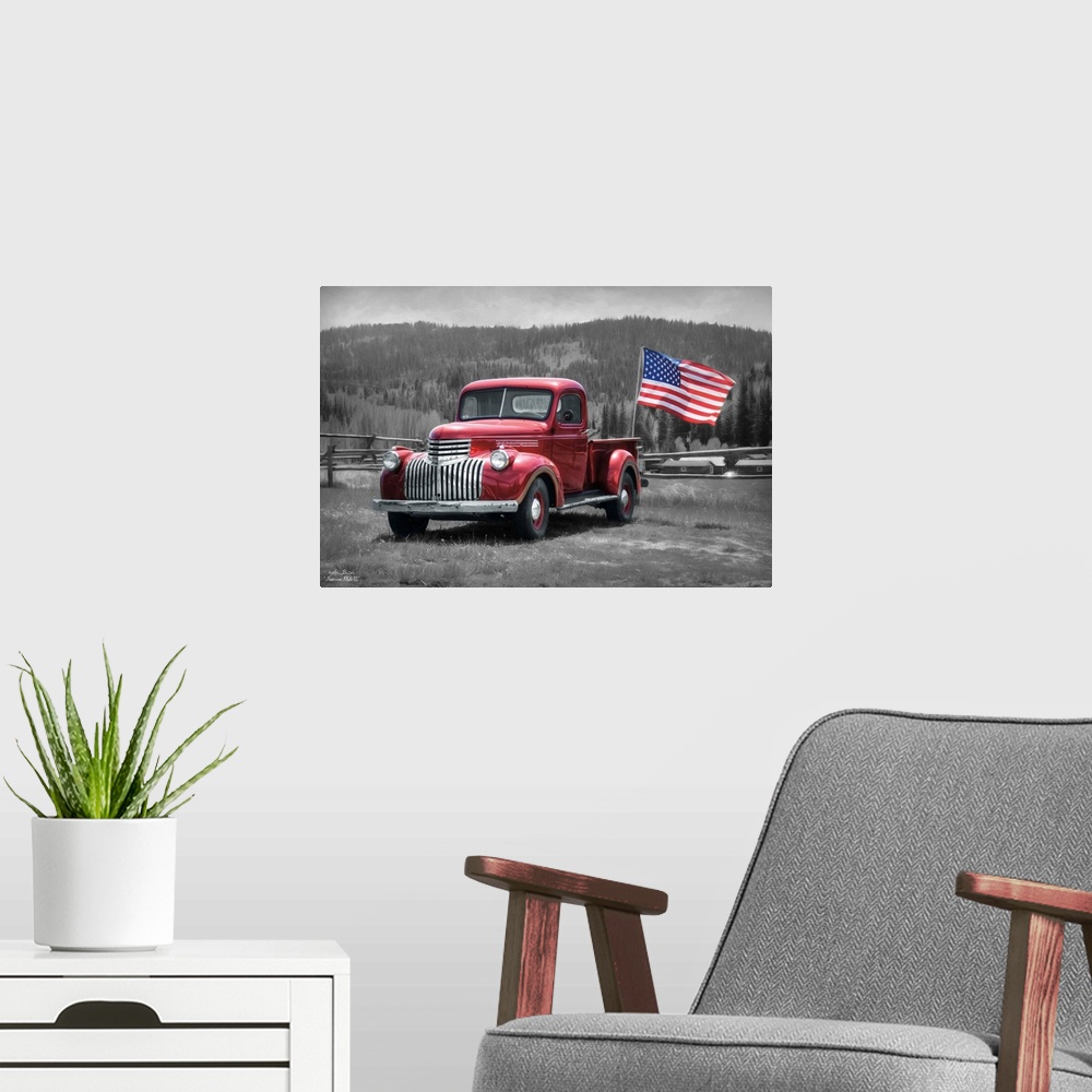 A modern room featuring A vintage red truck with an American Flag in a field in the countryside.