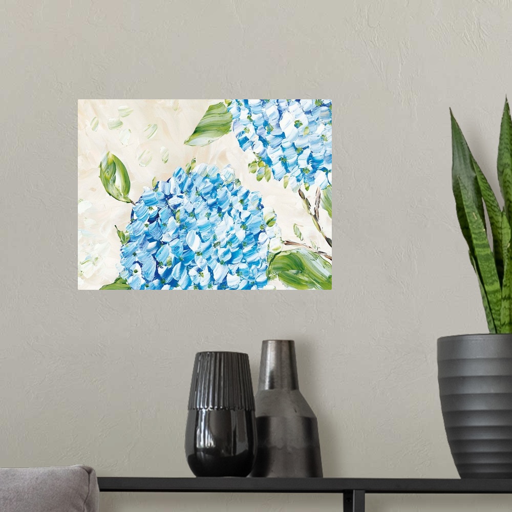 A modern room featuring Horizontal abstract of vibrant Blue Hydrangeas in textured brush strokes.
