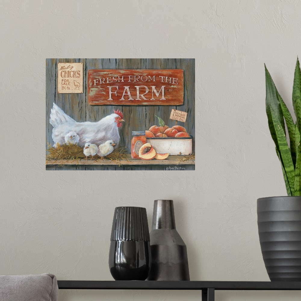 A modern room featuring A hen with three chicks next to fresh peaches and a sign that reads "Fresh From The Farm."