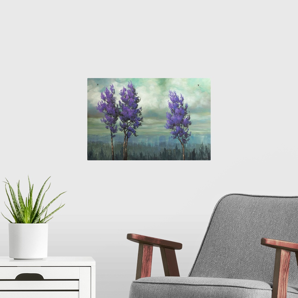 A modern room featuring Painting of three trees with purple leaves against a cloudy sky.