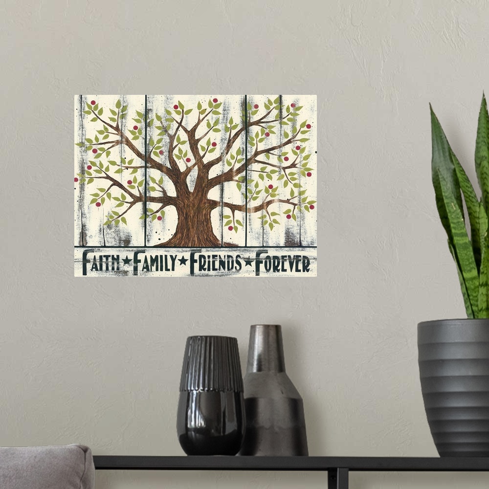 A modern room featuring Tree - Faith Family Friends Forever