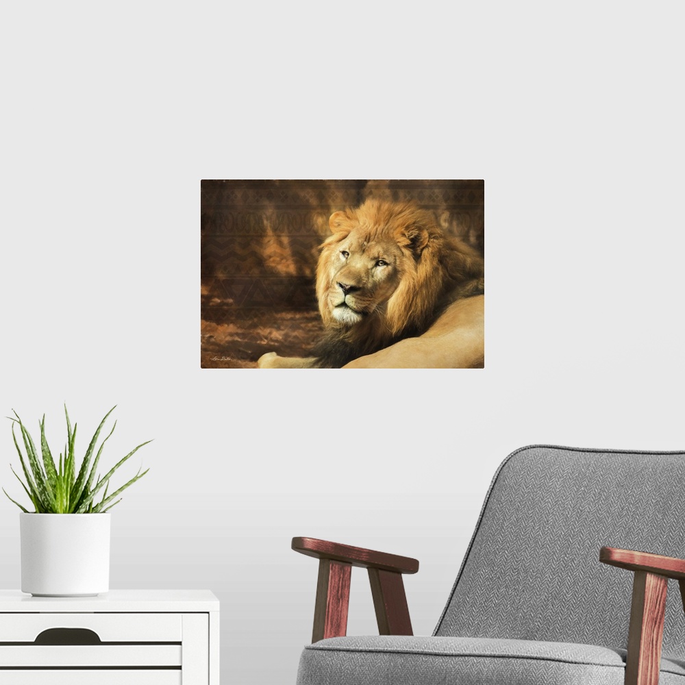 A modern room featuring Photograph of a lion against a tribal patterned background.