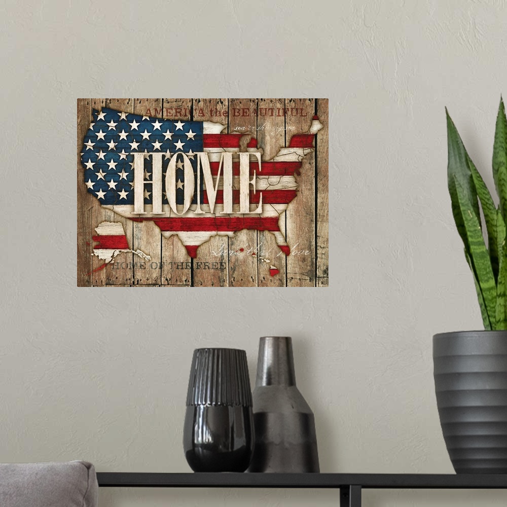A modern room featuring Artwork of an outline of the USA filled with the American flag.