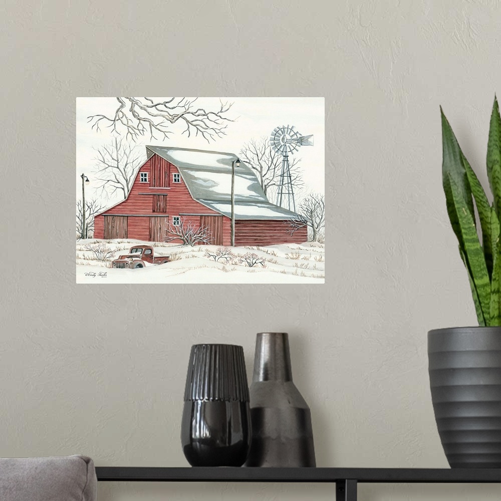 A modern room featuring Winter Barn with Pickup Truck