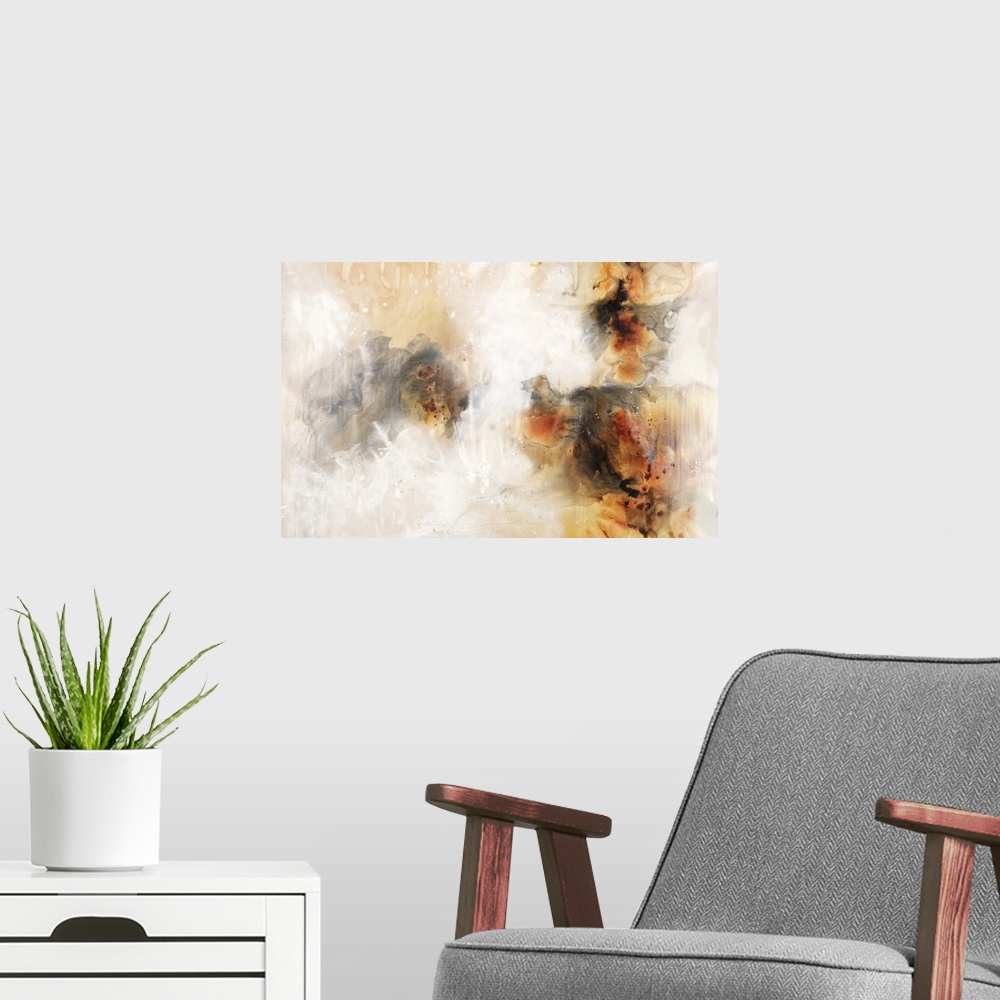 A modern room featuring Contemporary abstract painting using earthy warm tones.