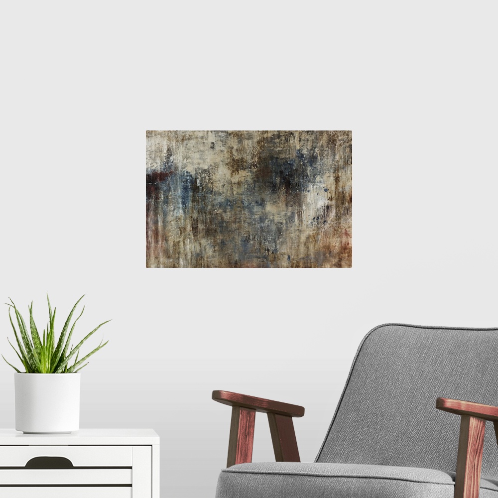 A modern room featuring Abstract painting with crackling and overlapping patches of cool, warm and neutral tones.