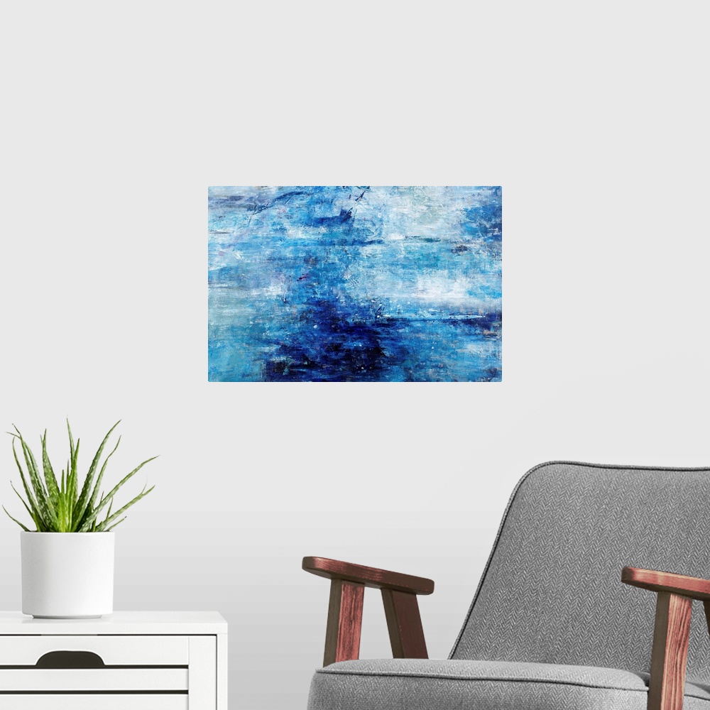 A modern room featuring Contemporary abstract painting with deep blues in the middle that spread out and get lighter on t...